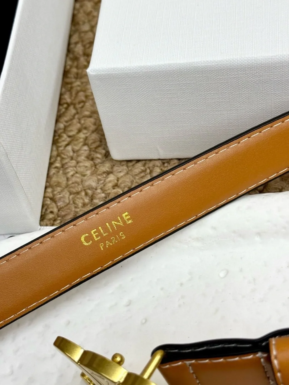 Celine. Gold Tone Triomphe. Buckle Brown Belt